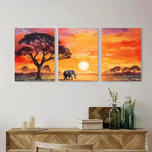 3pcs Serengeti Watercolor Elephant Landscape Metal Print Ready to Hang Art