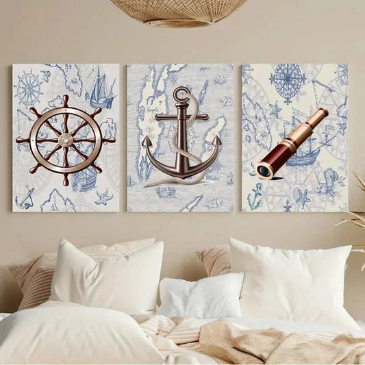 3pcs Ocean Theme Steering Wheel Telescope Ship Metal Print Ready to Hang Art