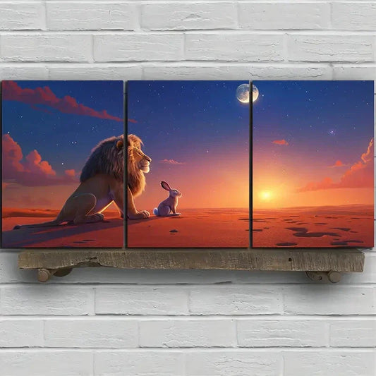 3pcs Lion Rabbit Sunset Modern Art Clouds Metal Print Ready to Hang Art