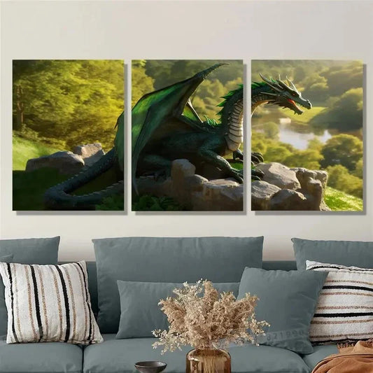 3pcs Green Flying Dragon Fantasy Metal Print Ready to Hang Art