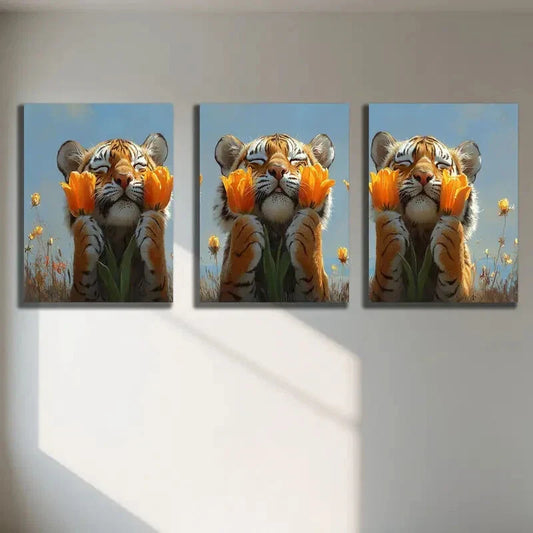 3pcs Playful Tiger Cubs with Vibrant Orange Tulips Metal Print Ready to Hang Art