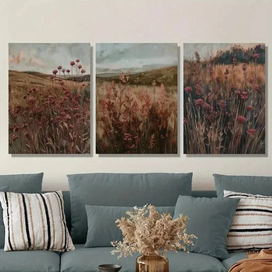3pcs ,Deep Red Painting Adorned with Wildflowers Metal Print Ready to Hang Art