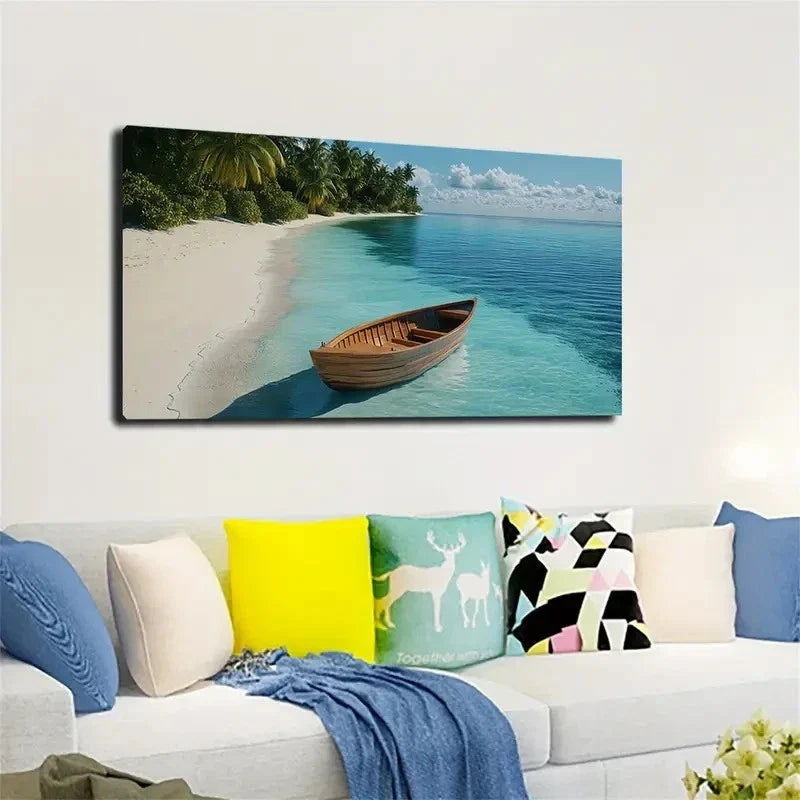 Wooden Boat & Palm Trees Wall Art canvas office home room framed 120x60cm