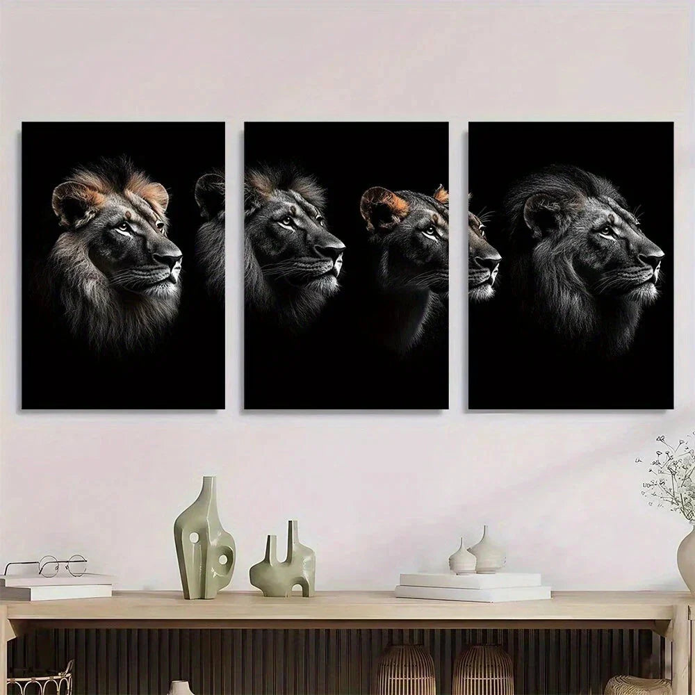 3pcs African Lion Black and White Metal Print Ready to Hang Art