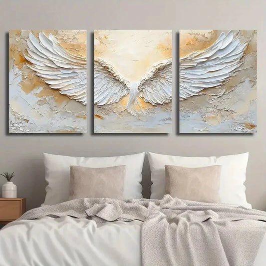 3pcs Golden & White Abstract Angel Wings Metal Print Ready to Hang Art