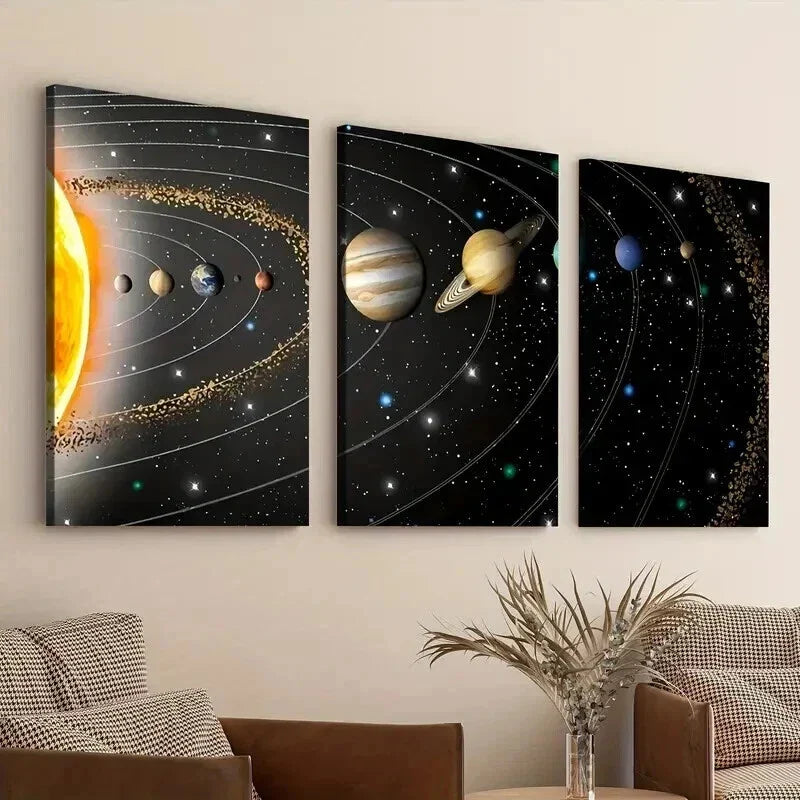 3pcs Modern Cosmic Art Black Line & Space Sun Wall Art Set Canvas Framed 40x60cm - High Quality Print 100% Australian Made Wall Canvas Ready to Hang