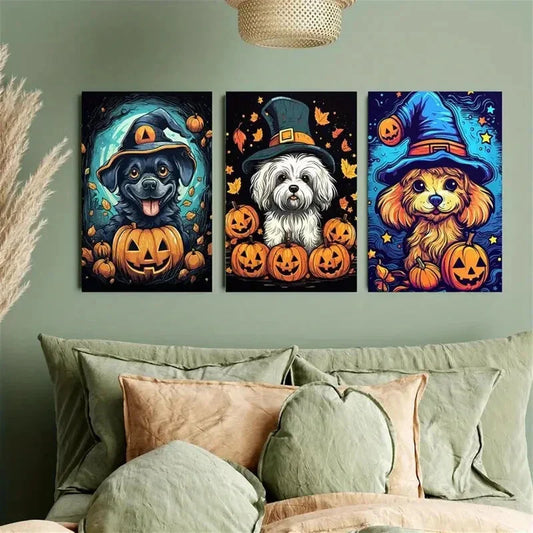 3pcs Dog wearing a Witch Hat Metal Print Ready to Hang Art