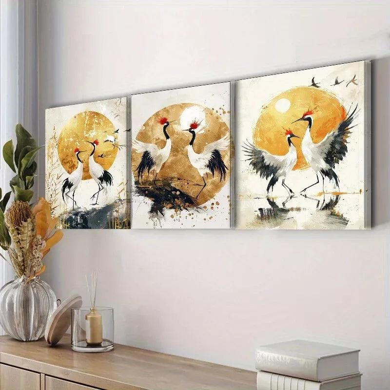 3pcs Golden Cranes Modern Contemporary Style  Wall Art Set Canvas Framed 40x60cm - High Quality Print 100% Australian Made Wall Canvas Ready to Hang