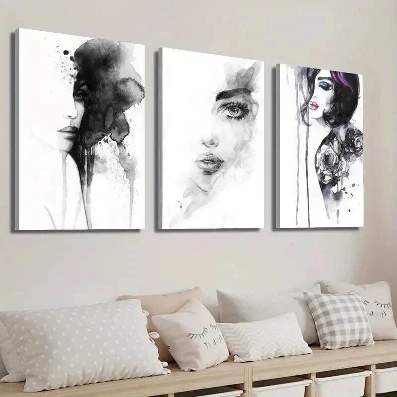 3pcs Black and White Female Portrait Wall Art Set Canvas Framed 40x60cm - High Quality Print 100% Australian Made Wall Canvas Ready to Hang