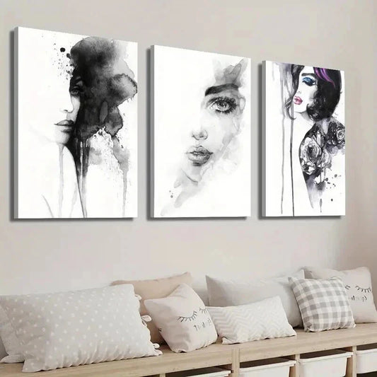 3pcs Black and White Female Portrait Wall Art Set Canvas Framed 40x60cm - High Quality Print 100% Australian Made Wall Canvas Ready to Hang