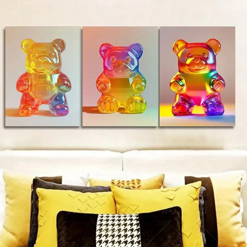 3pcs  Gummy Bear, Art Deco Art Painting Metal Print Ready to Hang Art