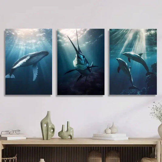 3pcs diving whale swordfish painting, Metal Print Ready to Hang Art