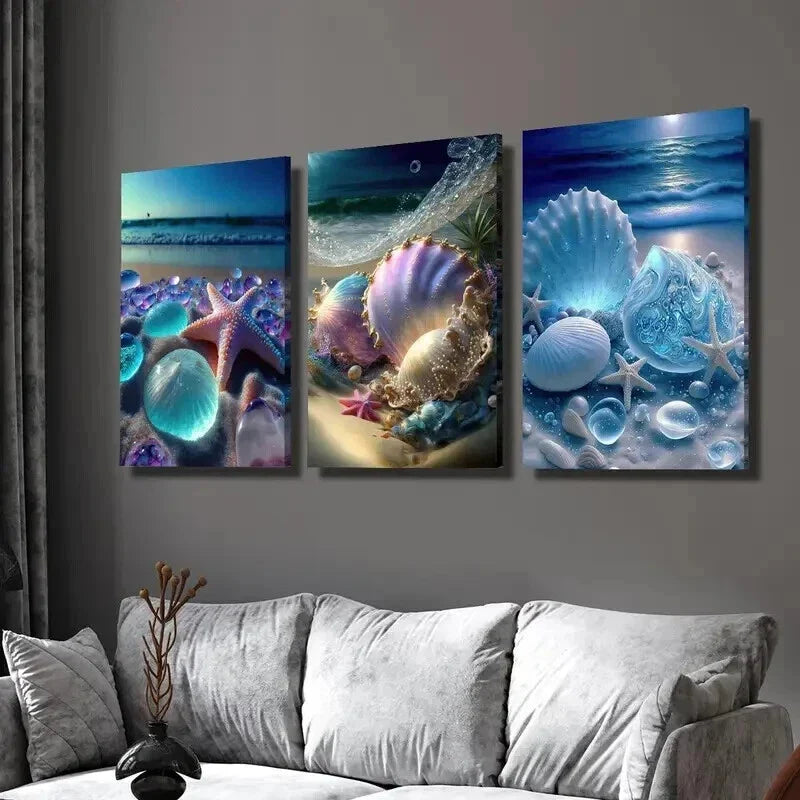 3pcs Starfish & Seashells Beach Scene Wall Art Set Canvas Framed 40x60cm - High Quality Print 100% Australian Made Wall Canvas Ready to Hang