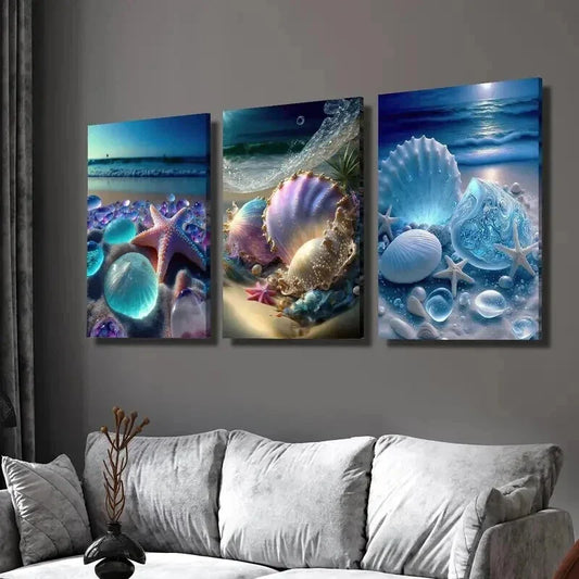 3pcs Starfish & Seashells Beach Scene Wall Art Set Canvas Framed 40x60cm - High Quality Print 100% Australian Made Wall Canvas Ready to Hang