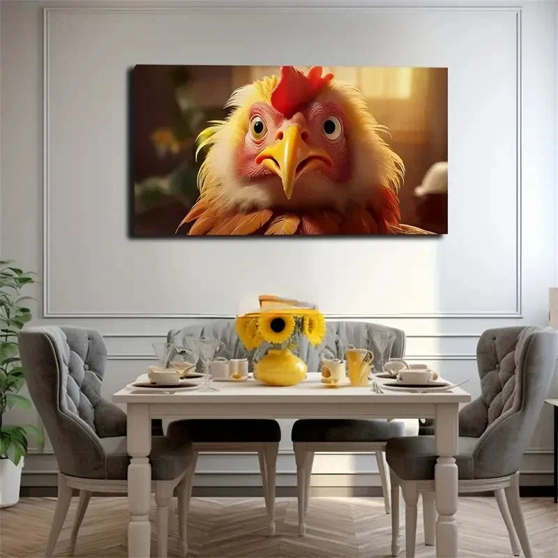 Vibrant Whimsical Rooster Wall Art Canvas Office Home Room Framed 80x45cm