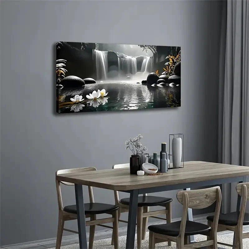 Serene Waterfall And Lily Pond Wall Art Canvas Office Home Room Framed 120x60cm