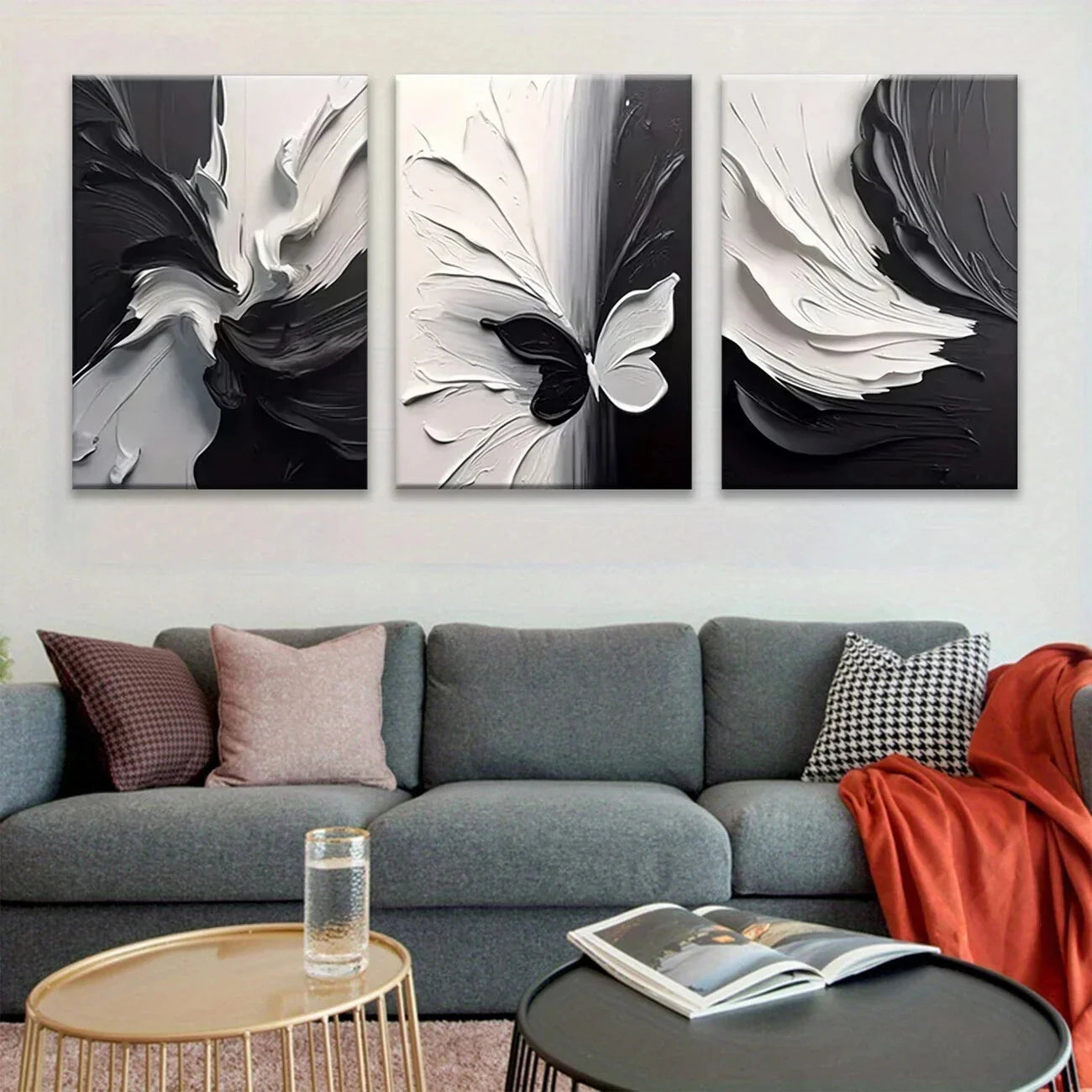 3pcs Abstract Black & White Butterfly Metal Print Ready to Hang Art