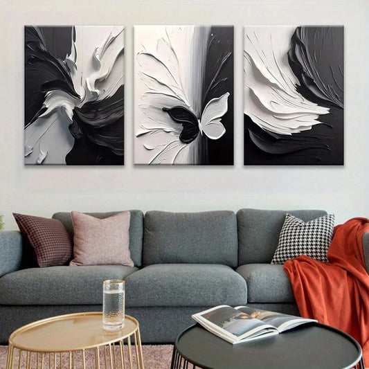 3pcs Abstract Black & White Butterfly Metal Print Ready to Hang Art
