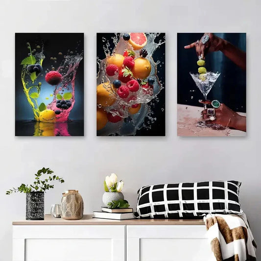 3pcs Vibrant Fruit Splash & Martini Glass Metal Print Ready to Hang Art