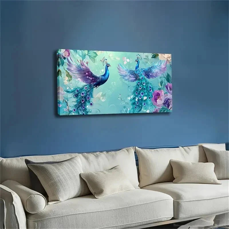 Realistic Two Peacocks Spread Wall Art Canvas Office Home Room Framed 120x60cm