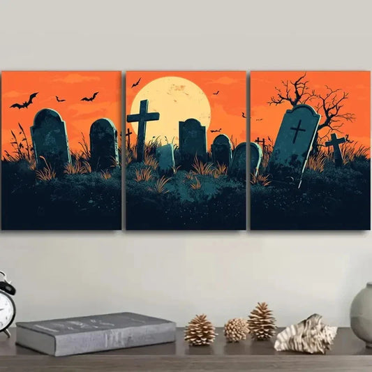 3pcs  Eerie Graveyard Scene with Bats & Full Moon  Metal Print Ready to Hang Art