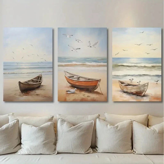 3pcs Beach Boat Flying Birds Blue Sky Metal Print Ready to Hang Art