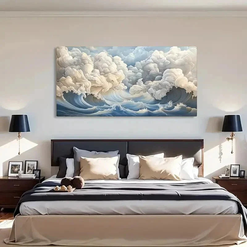 Cloudy Sky & Ocean Waves Serene Wall Art Canvas Office Home Room Framed 80x45cm