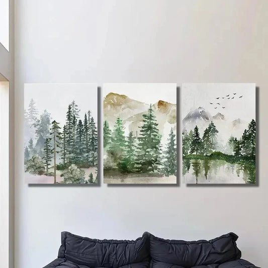 3pcs   Sage green forest mountain landscape  Metal Print Ready to Hang Art