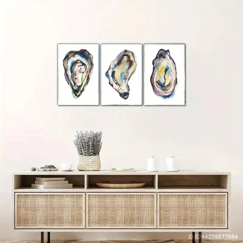 3pcs Vibrant Blue & Purple Oyster Shell Metal Print Ready to Hang Art