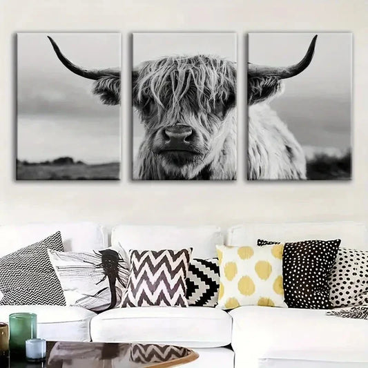 3pcs highland cattle black and white  Metal Print Ready to Hang Art