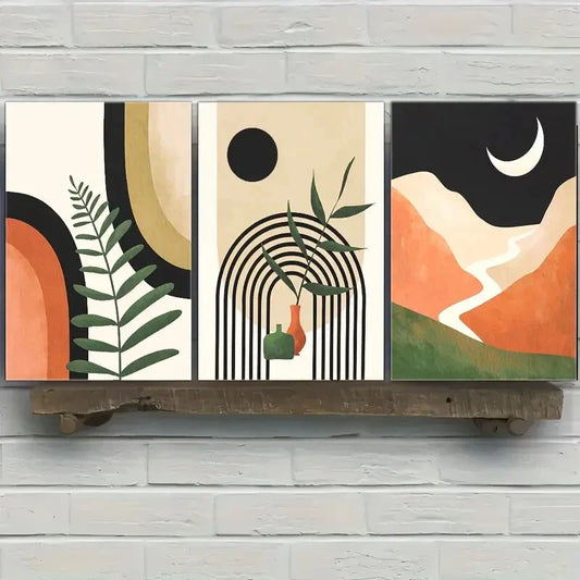 3pcs Sun Moon and Green Grass Poster Abstract Metal Print Ready to Hang Art