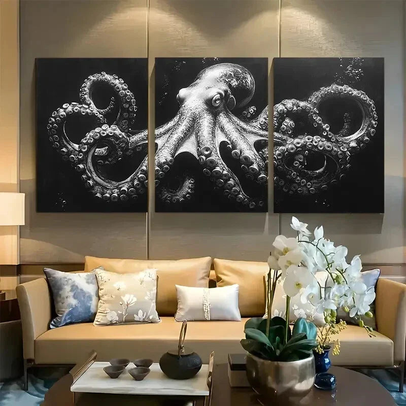 3pcs Octopus Monochrome Charcoal Design Metal Print Ready to Hang Art
