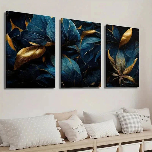 3pcs Abstract Golden And Blue Tropical Leaves Wall Art Set Canvas Framed 40x60cm - High Quality Print 100% Australian Made Wall Canvas Ready to Hang
