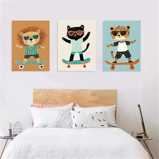 3pcs Cool Skateboard Animal Metal Print Ready to Hang Art