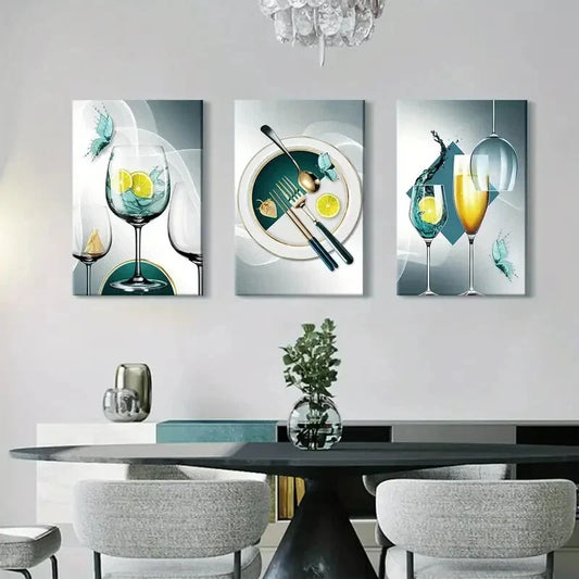 3pcs  Teal Gray Wine Glass Kitchenware Metal Print Ready to Hang Art