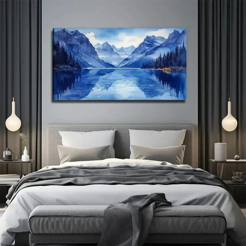 Blue Landscape Painting Wall Art Canvas Office Home Room Framed 80x45cm