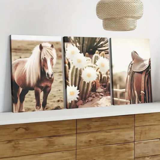 3pcs Rustic Cowboy Farmhouse Horse and Cactus Wall Art Set Canvas Framed 40x60cm - High Quality Print 100% Australian Made Wall Canvas Ready to Hang