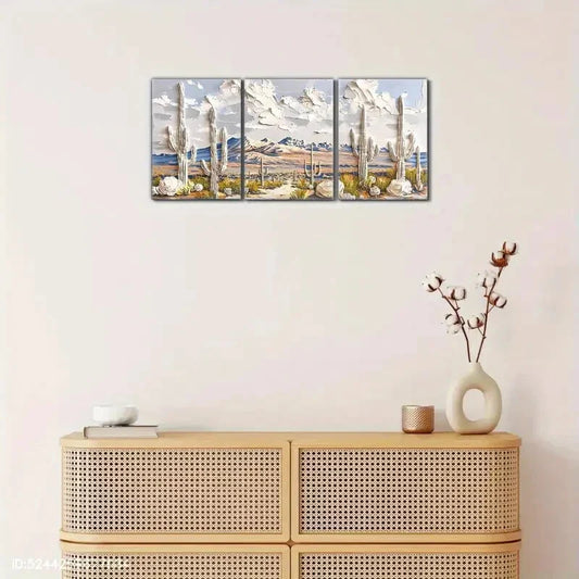 3pcs Options Cactus In Desert Impasto Painting Metal Print Ready to Hang Art