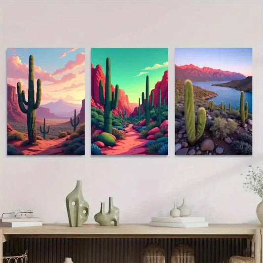 3pcs Southwestern Desert Landscape Vibrant Cactus Metal Print Ready to Hang Art