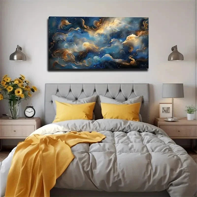 Golden & White Flowing Lines Wall Art Canvas Office Home Room Framed 80x45cm