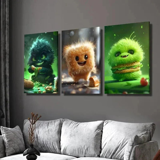 3pcs Cute Green Furry Food Monster Wall Art Set Canvas Framed 40x60cm - High Quality Print 100% Australian Made Wall Canvas Ready to Hang