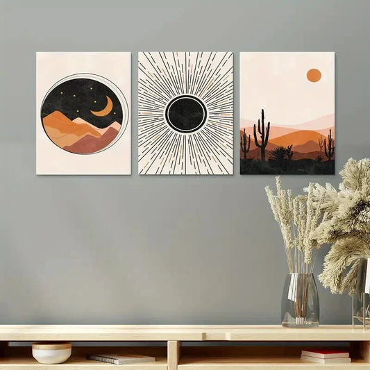 3pcs Minimal Abstract Geometric Sun and Moon Metal Print Ready to Hang Art