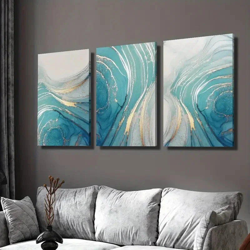 3pcs Beautiful Blue Golden Beach Fluid Wall Art Set Canvas Framed 40x60cm - High Quality Print 100% Australian Made Wall Canvas Ready to Hang