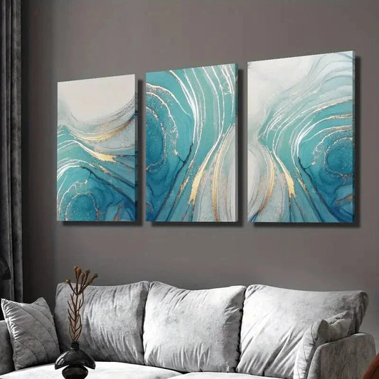 3pcs Beautiful Blue Golden Beach Fluid Wall Art Set Canvas Framed 40x60cm - High Quality Print 100% Australian Made Wall Canvas Ready to Hang