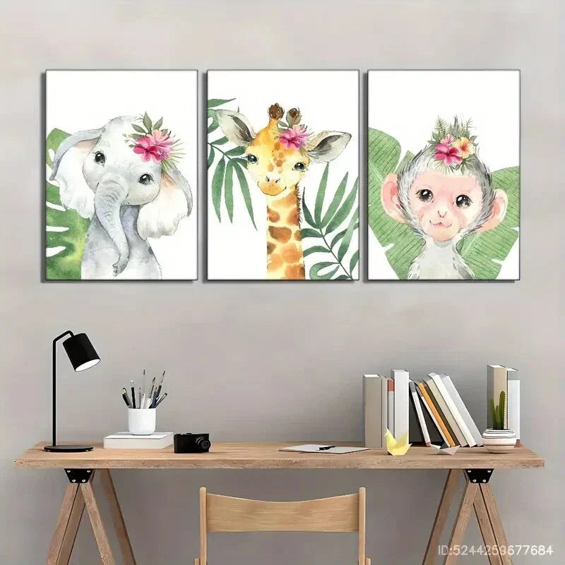 3pcs Artistic Display Wild Animal Cubs Plants Metal Print Ready to Hang Art