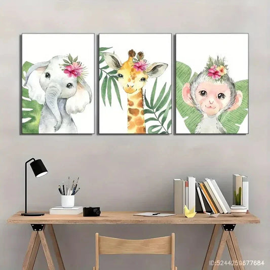 3pcs Artistic Display Wild Animal Cubs Plants Metal Print Ready to Hang Art