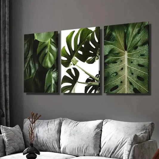 3pcs Green Monstera Deliciosa Leaves Wall Art Set Canvas Framed 40x60cm - High Quality Print 100% Australian Made Wall Canvas Ready to Hang