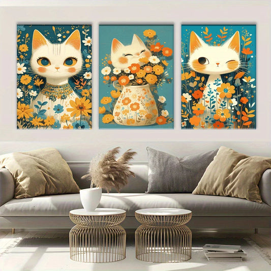 3pcs Aesthetic Cat and Flower Luxury Metal Print Ready to Hang Art