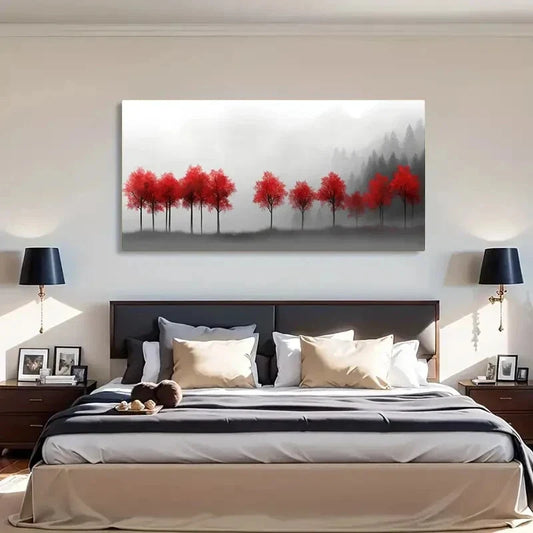Mystical Foggy Forest Red Tree Wall Art Canvas Office Home Room Framed 120x60cm