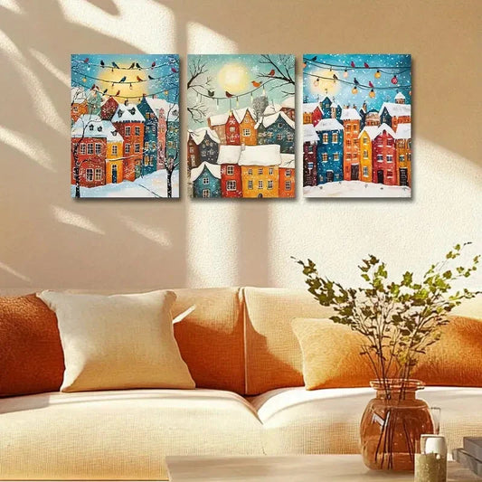 3pcs Vibrant Winter Wonderland with Snow-Covered Metal Print Ready to Hang Art